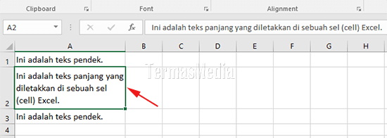 Sisipkan teks panjang di sel Excel