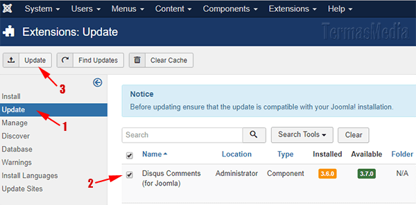 Cara memperbarui (update) ekstensi di CMS Joomla