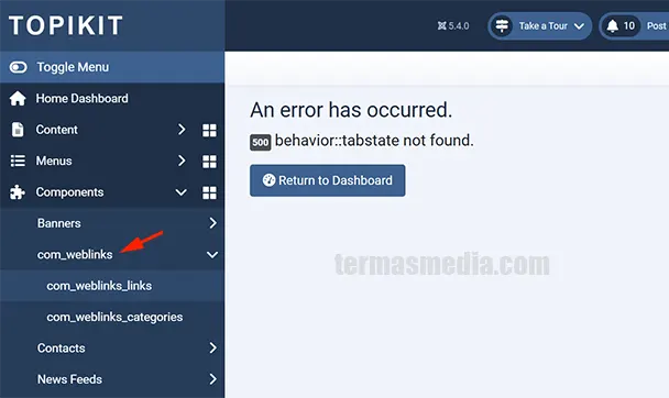 Ekstensi Joomla com_weblinks error 500 behavior tabstat not found