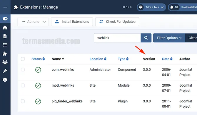 Ekstensi Joomla com_weblinks error 500 behavior tabstat not found