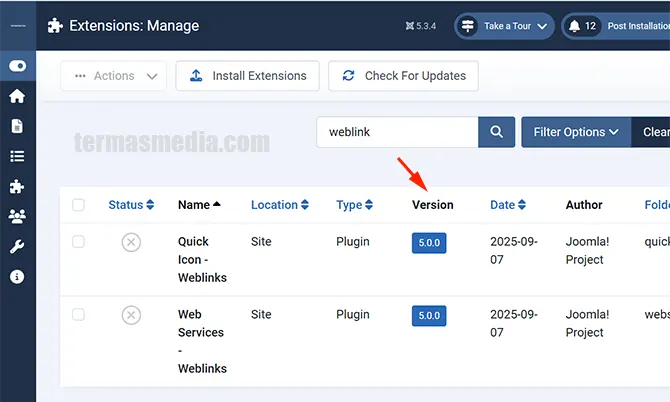Ekstensi Joomla com_weblinks error 500 behavior tabstat not found