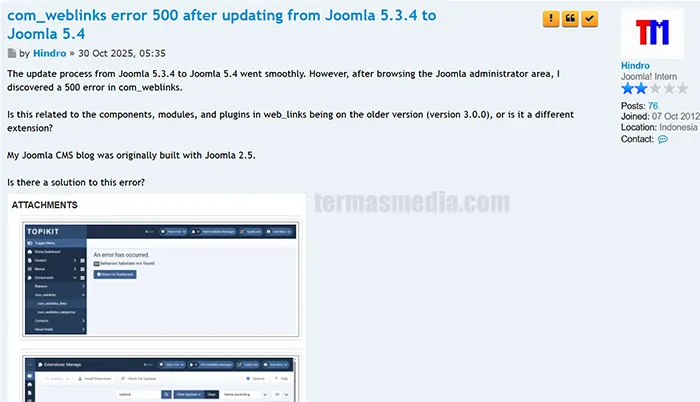 Ekstensi Joomla com_weblinks error 500 behavior tabstat not found