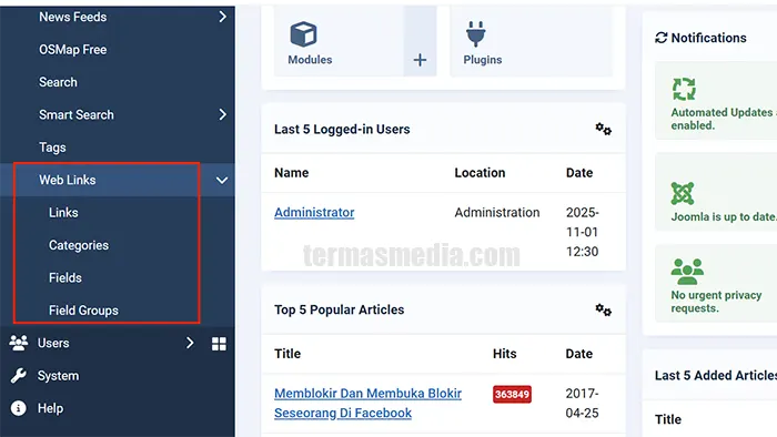 Ekstensi Joomla com_weblinks error 500 behavior tabstat not found