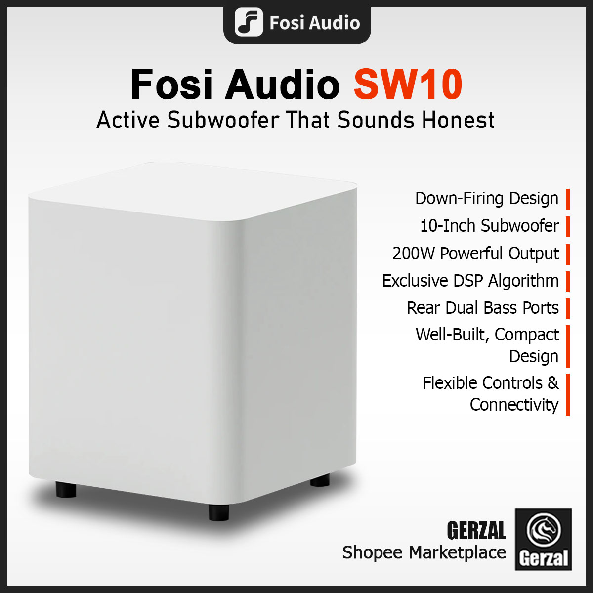 Fosi Audio SW10 Active Speaker Subwoofer HiFi 10 Inch Driver Smart DSP 200W