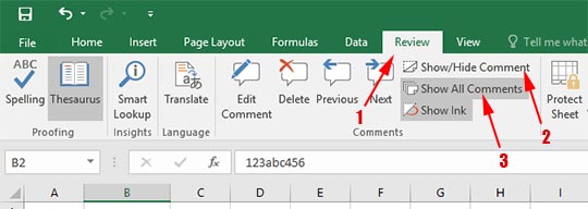 Menampilkan atau menyembunyikan komentar dan indikator komentar di Microsoft Excel